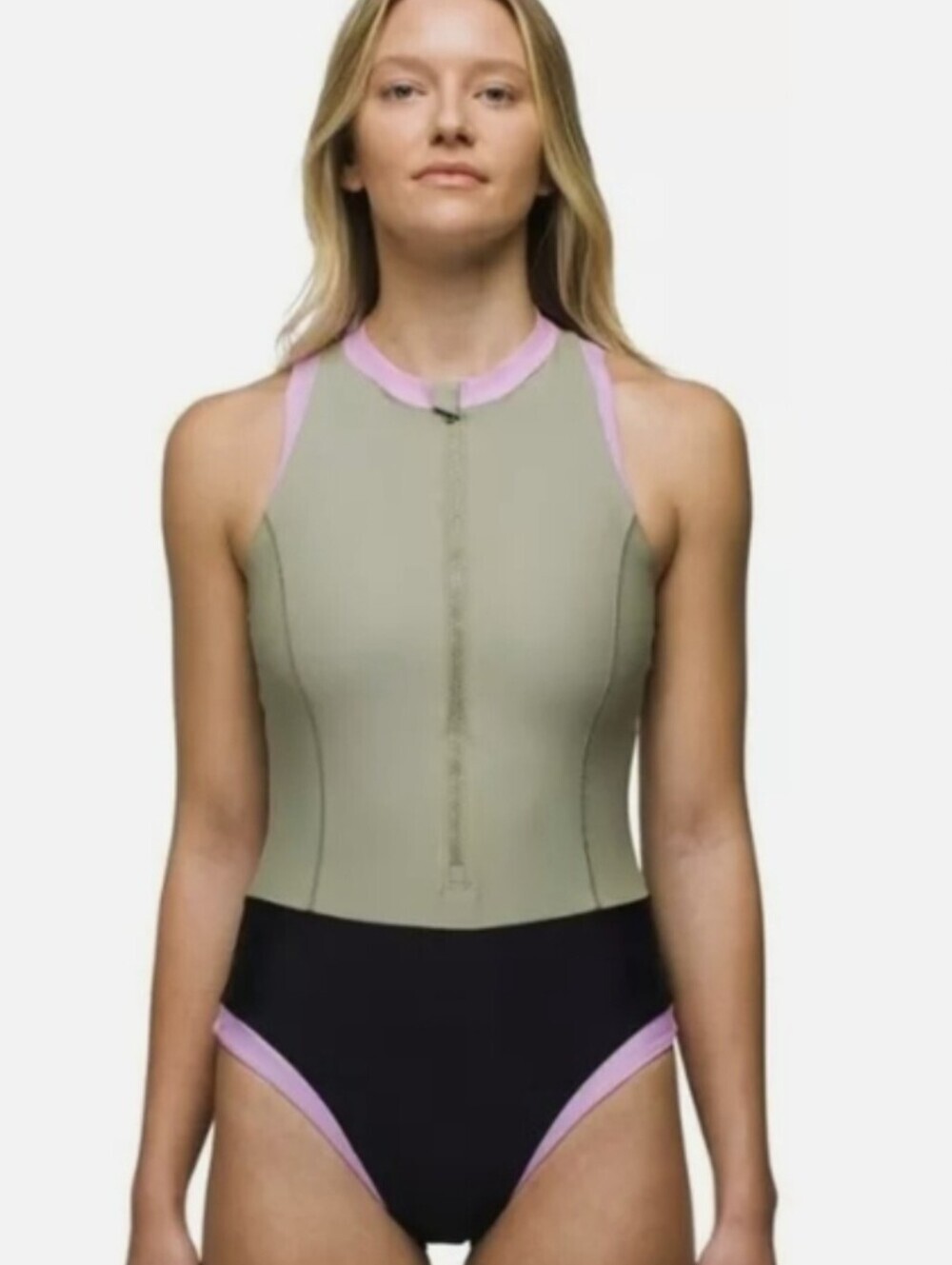 Prana Womens Size L Black Olive Baja Bound Zip Front One Piece Swimsuit P1-25